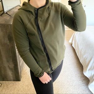 💕 VS PINK Asymmetrical Zip Up Hoodie Sweatshirt Army Green Logo Graphic
